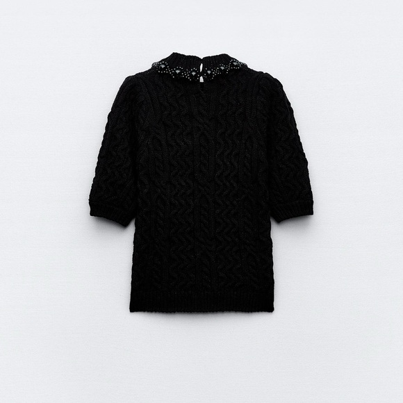 ZARA High Collar Cable Knit Sweater With Tonal Beads And Shorts Sleeves - Picture 2 of 6